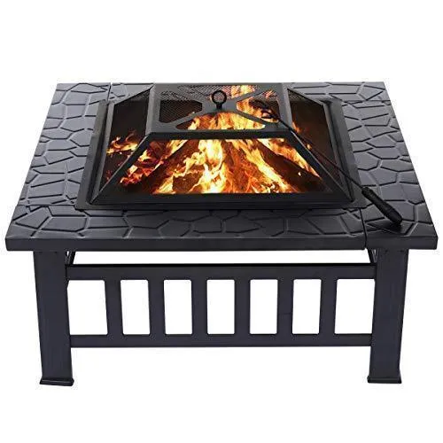 KingSo 32'' Outdoor Fire Pit Metal Square Firepit Patio Stove Wood Burning BBQ Grill Fire Pit Bowl with Spark Screen Cover, Log Grate, Poker for Backyard Garden Camping Picnic Bonfire
