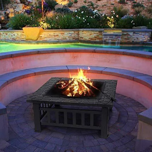 KingSo 32'' Outdoor Fire Pit Metal Square Firepit Patio Stove Wood Burning BBQ Grill Fire Pit Bowl with Spark Screen Cover, Log Grate, Poker for Backyard Garden Camping Picnic Bonfire