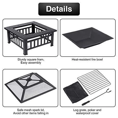 KingSo 32'' Outdoor Fire Pit Metal Square Firepit Patio Stove Wood Burning BBQ Grill Fire Pit Bowl with Spark Screen Cover, Log Grate, Poker for Backyard Garden Camping Picnic Bonfire
