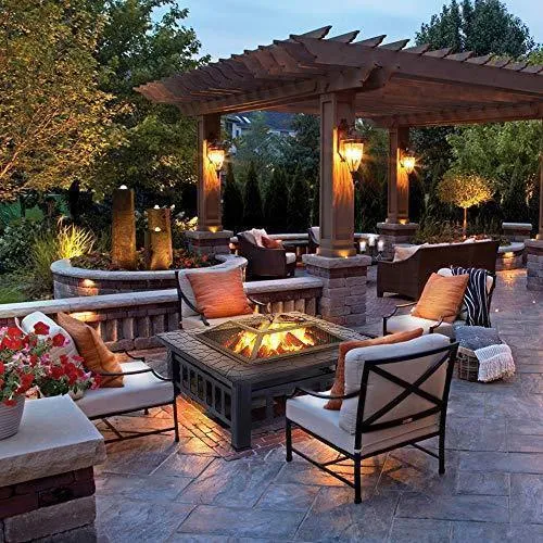KingSo 32'' Outdoor Fire Pit Metal Square Firepit Patio Stove Wood Burning BBQ Grill Fire Pit Bowl with Spark Screen Cover, Log Grate, Poker for Backyard Garden Camping Picnic Bonfire