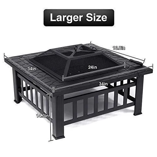 KingSo 32'' Outdoor Fire Pit Metal Square Firepit Patio Stove Wood Burning BBQ Grill Fire Pit Bowl with Spark Screen Cover, Log Grate, Poker for Backyard Garden Camping Picnic Bonfire