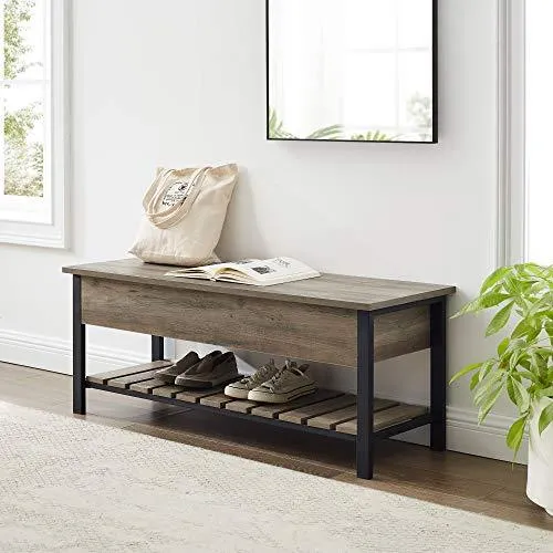 Walker Edison Julian Rustic Farmhouse Lift Top Entry Bench with Bottom Rack, 48 Inch - Grey