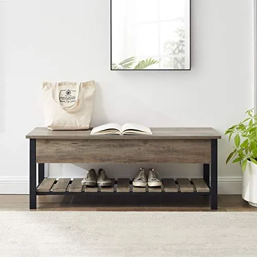 Walker Edison Julian Rustic Farmhouse Lift Top Entry Bench with Bottom Rack, 48 Inch - Grey