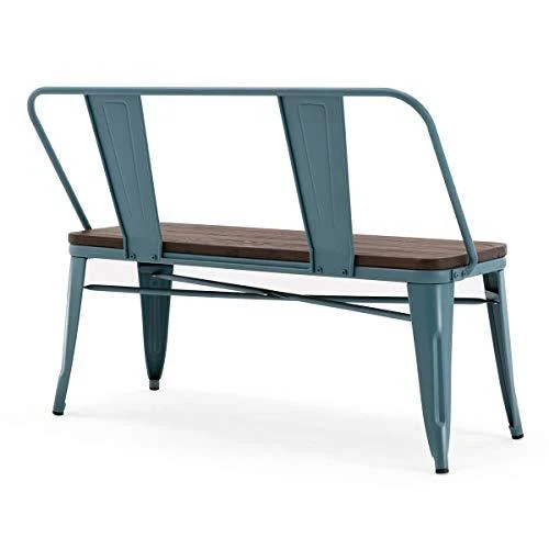 Erommy Metal Bench Industrial Mid-Century 2 Person Chair with Wood Seat,Dining Bench with Floor Protector (Blue)