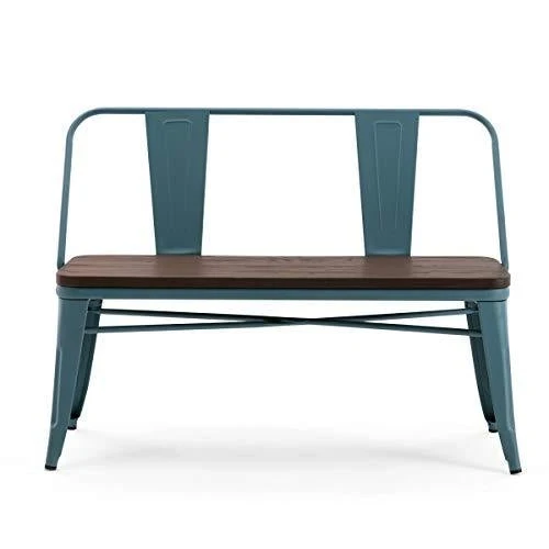 Erommy Metal Bench Industrial Mid-Century 2 Person Chair with Wood Seat,Dining Bench with Floor Protector (Blue)