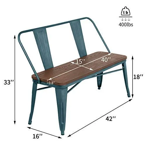 Erommy Metal Bench Industrial Mid-Century 2 Person Chair with Wood Seat,Dining Bench with Floor Protector (Blue)