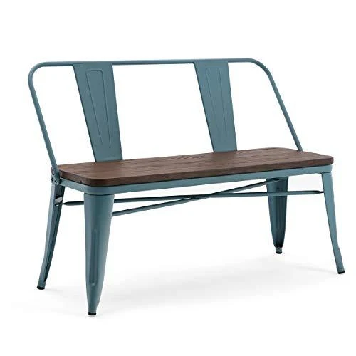 Erommy Metal Bench Industrial Mid-Century 2 Person Chair with Wood Seat,Dining Bench with Floor Protector (Blue)