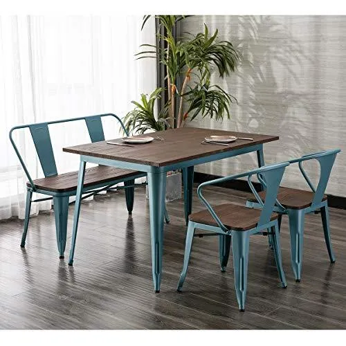 Erommy Metal Bench Industrial Mid-Century 2 Person Chair with Wood Seat,Dining Bench with Floor Protector (Blue)