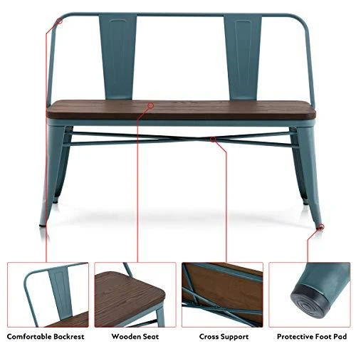 Erommy Metal Bench Industrial Mid-Century 2 Person Chair with Wood Seat,Dining Bench with Floor Protector (Blue)
