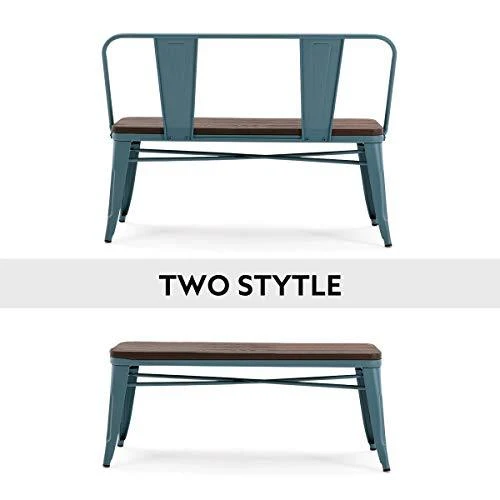 Erommy Metal Bench Industrial Mid-Century 2 Person Chair with Wood Seat,Dining Bench with Floor Protector (Blue)