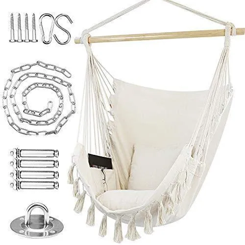 WBHome Hammock Chair Swing with Hanging Hardware Kit- Beige, Cotton Canvas, Include Carry Bag & Two Seat Cushions, for Bedroom Indoor Outdoor, Max. Weight 330 Lbs