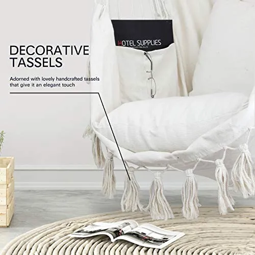 WBHome Hammock Chair Swing with Hanging Hardware Kit- Beige, Cotton Canvas, Include Carry Bag & Two Seat Cushions, for Bedroom Indoor Outdoor, Max. Weight 330 Lbs