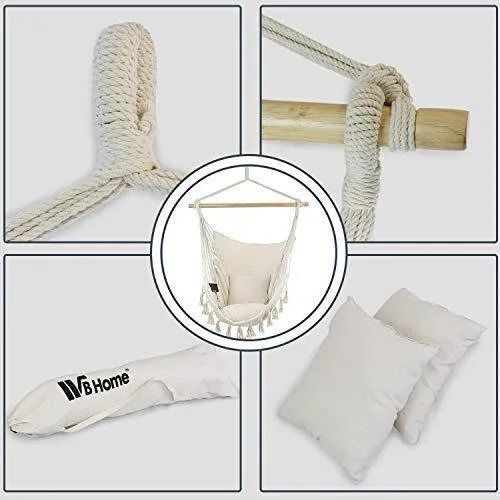 WBHome Hammock Chair Swing with Hanging Hardware Kit- Beige, Cotton Canvas, Include Carry Bag & Two Seat Cushions, for Bedroom Indoor Outdoor, Max. Weight 330 Lbs