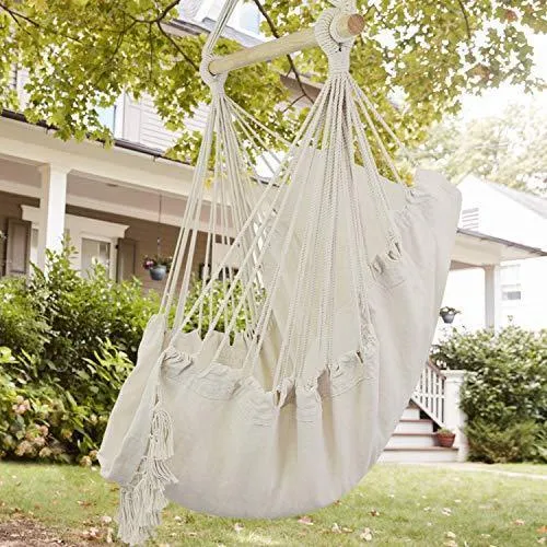 WBHome Hammock Chair Swing with Hanging Hardware Kit- Beige, Cotton Canvas, Include Carry Bag & Two Seat Cushions, for Bedroom Indoor Outdoor, Max. Weight 330 Lbs