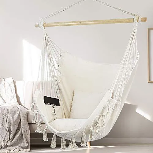 WBHome Hammock Chair Swing with Hanging Hardware Kit- Beige, Cotton Canvas, Include Carry Bag & Two Seat Cushions, for Bedroom Indoor Outdoor, Max. Weight 330 Lbs