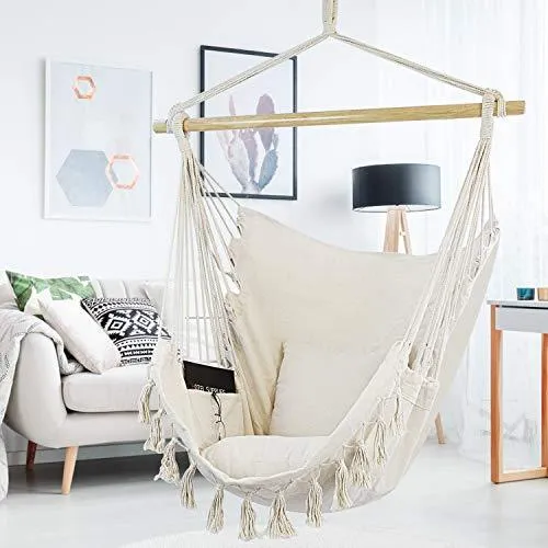 WBHome Hammock Chair Swing with Hanging Hardware Kit- Beige, Cotton Canvas, Include Carry Bag & Two Seat Cushions, for Bedroom Indoor Outdoor, Max. Weight 330 Lbs