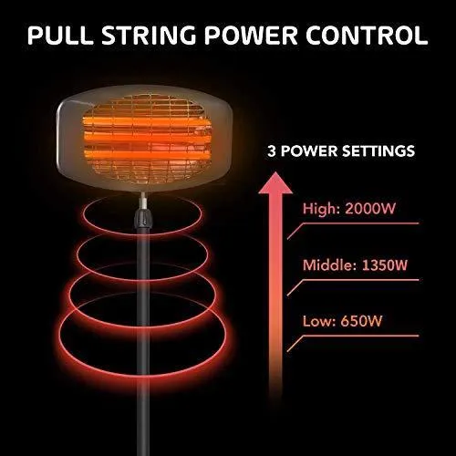 Electric Outdoor Patio Heater - 3 Power Levels Outdoor Heater for 650/1350W/2000W Infrared Carbon Tube Heater Overheat Protection &Tip-Over Shut Off Home Freestanding Space Heater for Courtyard