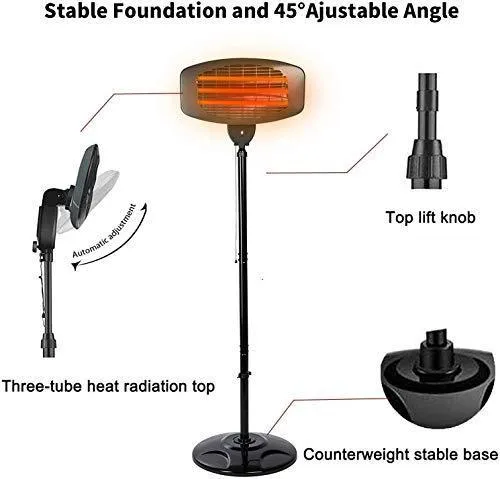 Electric Outdoor Patio Heater - 3 Power Levels Outdoor Heater for 650/1350W/2000W Infrared Carbon Tube Heater Overheat Protection &Tip-Over Shut Off Home Freestanding Space Heater for Courtyard