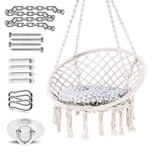 Ohuhu Hammock Chair Hanging Chair Swing with Soft Cushion & Durable Hanging Hardware Kit, 100% Cotton Rope Indoor Macrame Swing Chairs for Bedroom/Balcony, Christmas Idea Gifts for Girls Kids Birthday