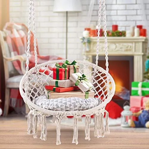 Ohuhu Hammock Chair Hanging Chair Swing with Soft Cushion & Durable Hanging Hardware Kit, 100% Cotton Rope Indoor Macrame Swing Chairs for Bedroom/Balcony, Christmas Idea Gifts for Girls Kids Birthday