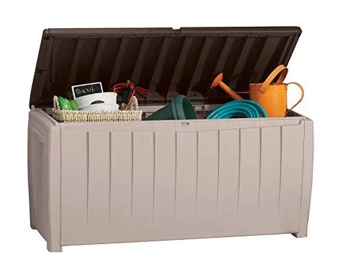 Keter Novel Plastic Deck Storage Container Box Outdoor Patio Furniture 90 Gal, Brown