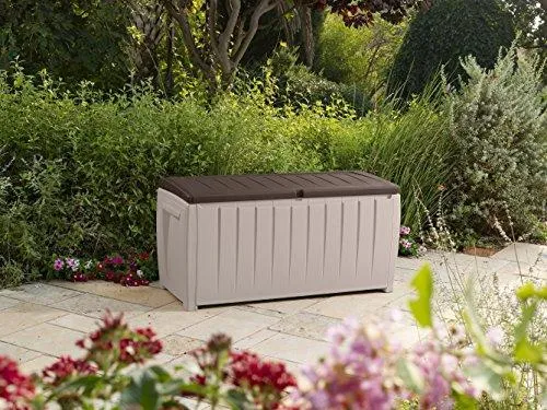 Keter Novel Plastic Deck Storage Container Box Outdoor Patio Furniture 90 Gal, Brown