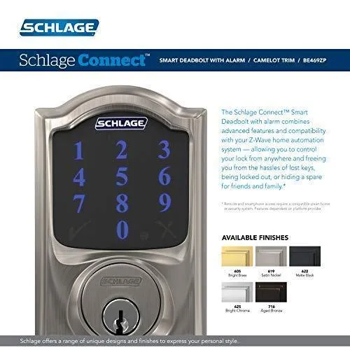 Schlage BE469ZP CAM 716 Schlage Connect Smart Deadbolt With Alarm Inbuilt Camelot Trim In Aged Bronze