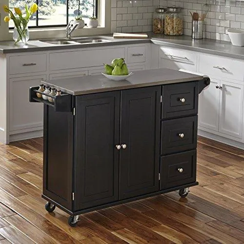 Home Styles Liberty Black Kitchen Cart with Stainless Steel Top, 53.5W x 18D x 36H