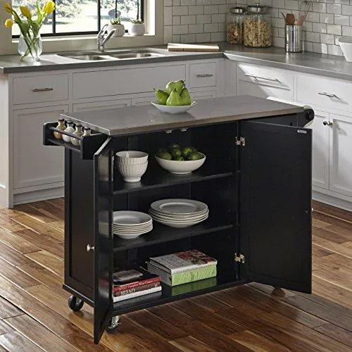 Home Styles Liberty Black Kitchen Cart with Stainless Steel Top, 53.5W x 18D x 36H