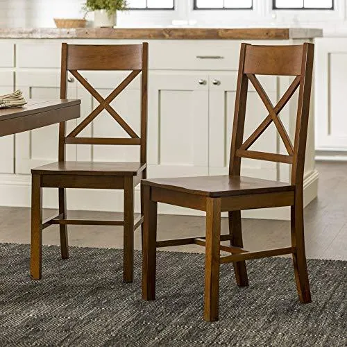 Walker Edison Solid Wood Farmhouse Dining Chairs X-Back Armless Kitchen Chairs, Set of 2 -Brown (CHW2AB)