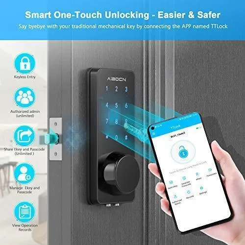 Aibocn Smart Lock, Keyless Entry Door Lock with Bluetooth, Electronic Keypad Deadbolt Lock, Smart Lock Front Door Works with APP Control, Voice, eKey and Code, Auto-Lock for Home Apartment Hotel