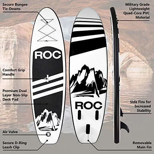 Roc Inflatable Stand Up Paddle Boards W Free Premium SUP Accessories & Backpack, Non-Slip Deck Bonus Waterproof Bag, Leash, Paddle and Hand Pump (Black)
