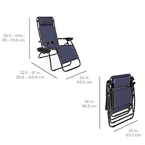 Best Choice Products Set of 2 Adjustable Steel Mesh Zero Gravity Lounge Chair Recliners w/Pillows and Cup Holder Trays, Blue