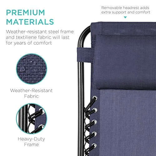 Best Choice Products Set of 2 Adjustable Steel Mesh Zero Gravity Lounge Chair Recliners w/Pillows and Cup Holder Trays, Blue