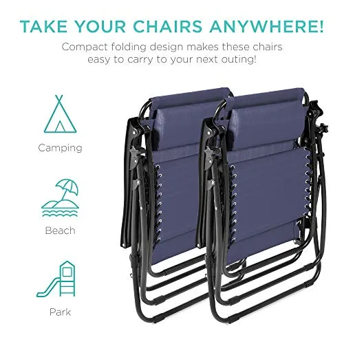 Best Choice Products Set of 2 Adjustable Steel Mesh Zero Gravity Lounge Chair Recliners w/Pillows and Cup Holder Trays, Blue