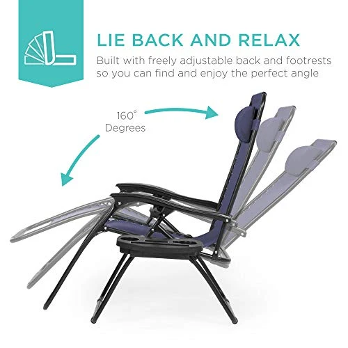 Best Choice Products Set of 2 Adjustable Steel Mesh Zero Gravity Lounge Chair Recliners w/Pillows and Cup Holder Trays, Blue