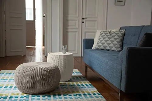 Keter Urban Knit Pouf Ottoman Set of 2 with Storage Table for Patio and Room Décor-Perfect for Balcony, Deck, and Outdoor Seating, Cream & Taupe