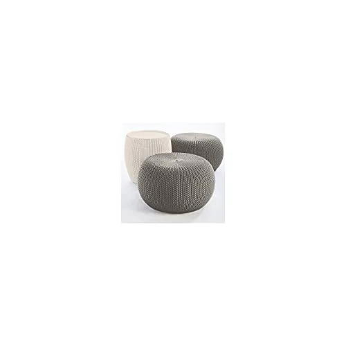 Keter Urban Knit Pouf Ottoman Set of 2 with Storage Table for Patio and Room Décor-Perfect for Balcony, Deck, and Outdoor Seating, Cream & Taupe