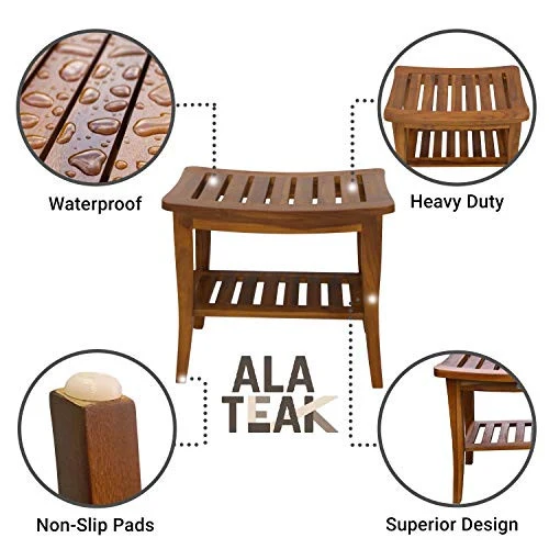 Ala Teak Indoor Outdoor Patio Garden Yard Bath Shower Spa Waterproof Stool Bench Fully Assembled