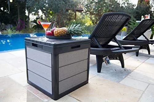 KETER Denali 30 Gallon Resin Deck Box for Patio Furniture, Pool Accessories, and Storage for Outdoor Toys, Grey/Black