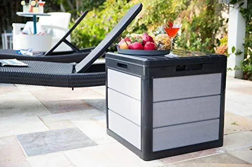KETER Denali 30 Gallon Resin Deck Box for Patio Furniture, Pool Accessories, and Storage for Outdoor Toys, Grey/Black