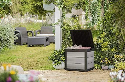 KETER Denali 30 Gallon Resin Deck Box for Patio Furniture, Pool Accessories, and Storage for Outdoor Toys, Grey/Black