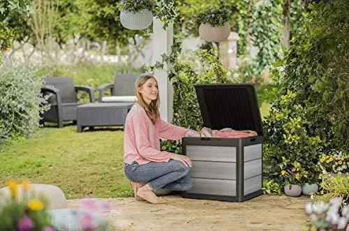 KETER Denali 30 Gallon Resin Deck Box for Patio Furniture, Pool Accessories, and Storage for Outdoor Toys, Grey/Black