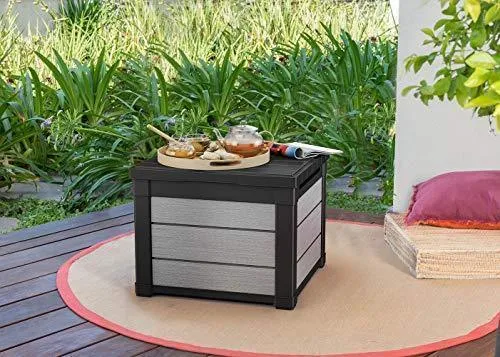 KETER Denali 30 Gallon Resin Deck Box for Patio Furniture, Pool Accessories, and Storage for Outdoor Toys, Grey/Black