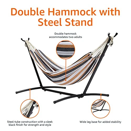 Amazon Basics Double Hammock with 9-Foot Space Saving Steel Stand and Carrying Case, Multi Color, 400 lb Capacity