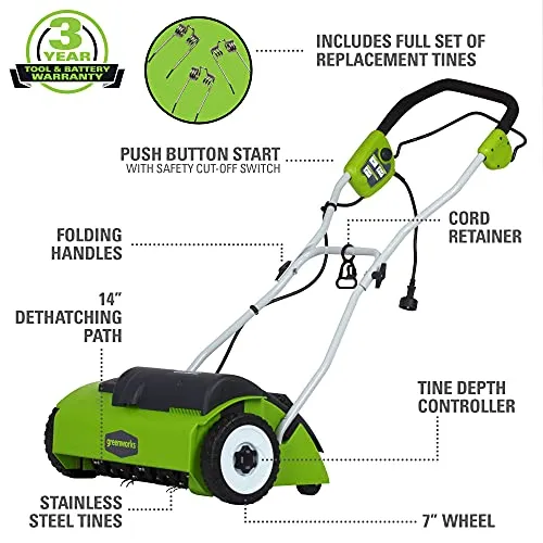 Greenworks 14-Inch 10 Amp Corded Dethatcher 27022, Green