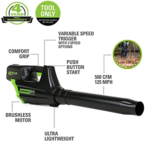 Greenworks Pro 80V 125 MPH - 500CFM Cordless Blower, Tool Only, GBL80320