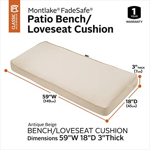 Classic Accessories Montlake Water-Resistant 59 x 18 x 3 Inch Outdoor Bench/Settee Cushion, Patio Furniture Swing Cushion, Antique Beige, Patio Loveseat Cushion