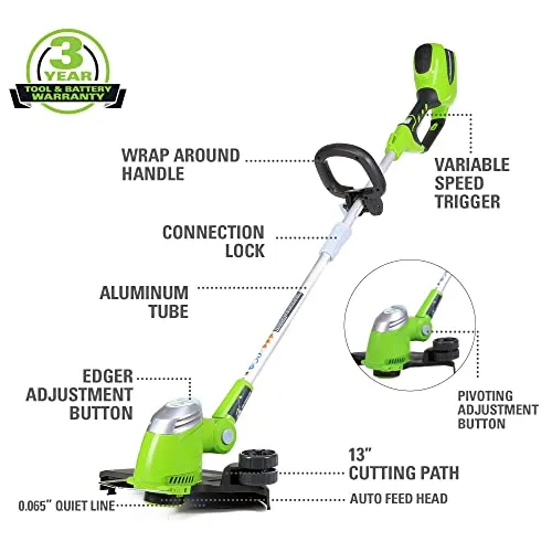 Greenworks 40V 13" Cordless String Trimmer / Edger, 2.0Ah Battery and Charger Included