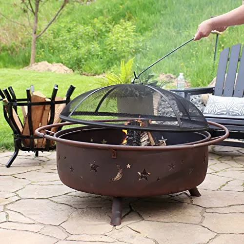 Sunnydaze Cosmic Fire Pit for Outdoors - 42-Inch Large Wood-Burning Fire Pit with Moon and Stars - Perfect for Patio and Backyard Bonfires - Includes Round Spark Screen, Poker and Metal Grate